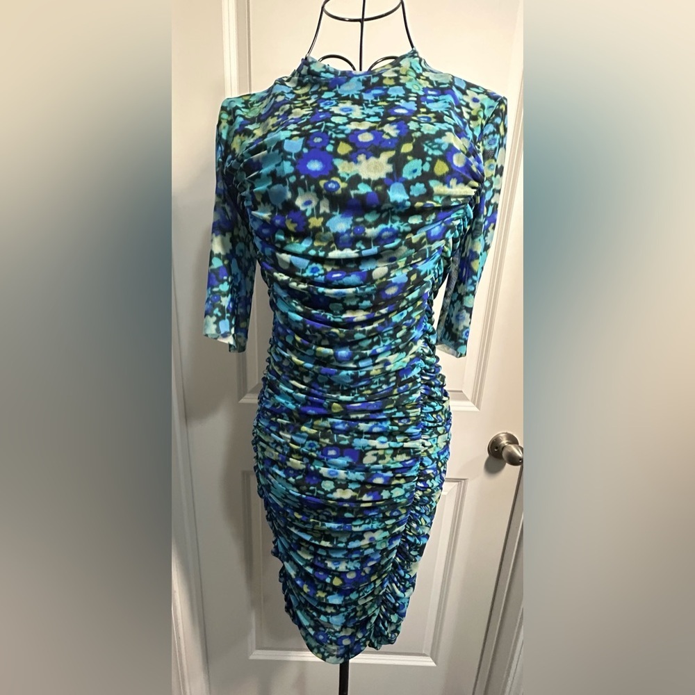 Ganni Vibrant Blue Floral 1/4 Sleeve Dress